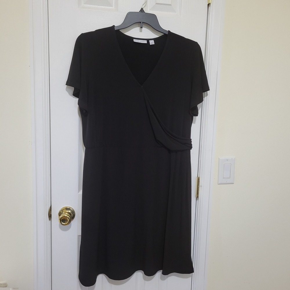Susan Graver Liquid Knit Faux Wrap Dress Black V-Neck‎ Short Sleeve XLP Petite